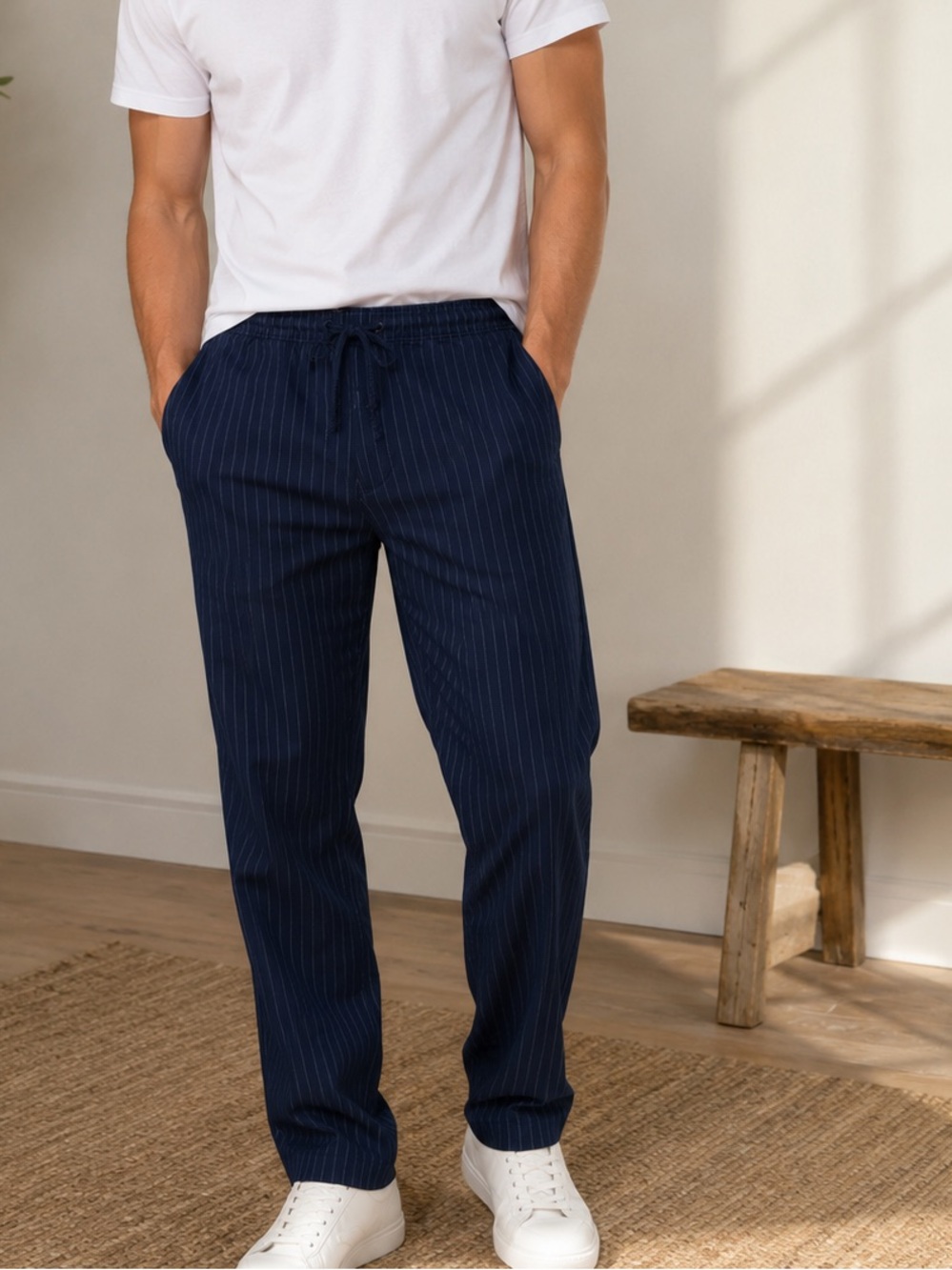 Abercrombie & Fitch Men's Size XS Navy Blue Pinstripe Pull On Cotton Pants